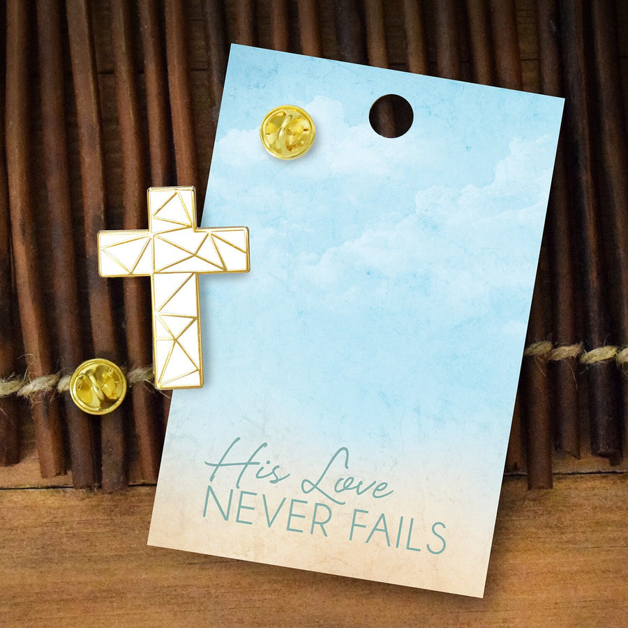 Cross Enamel Pin His Love Never Fails Christian Faith Pin Jesus friendship self love gift