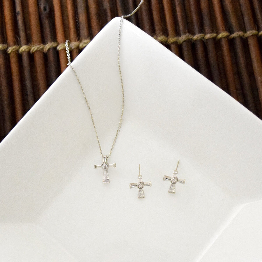 Silver Gold Cross Jewelry Set with Necklace and Earrings