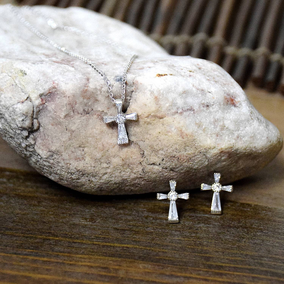 Silver Gold Cross Jewelry Set with Necklace and Earrings