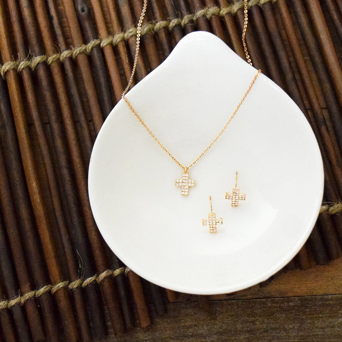 Rose Gold Cross Jewelry Set with Necklace and Earrings
