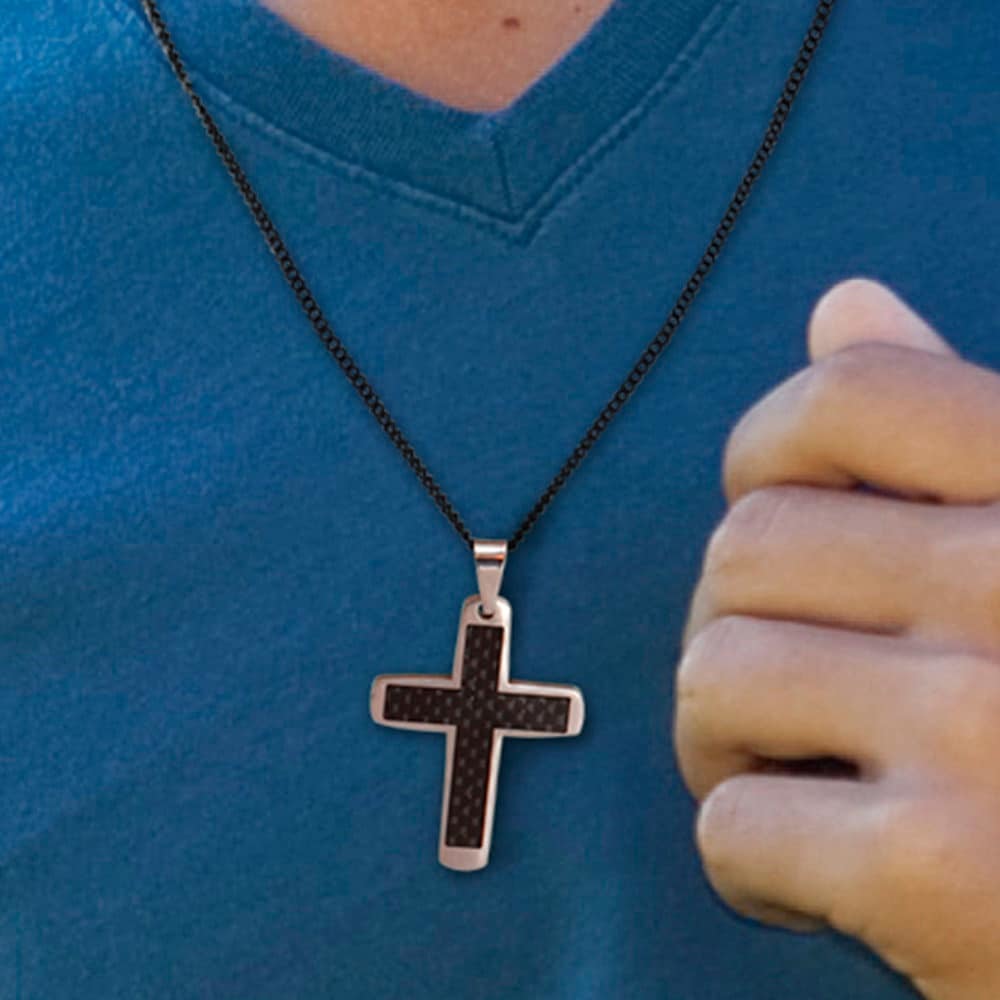 Carbon Fiber and Stainless Steel Cross Necklace