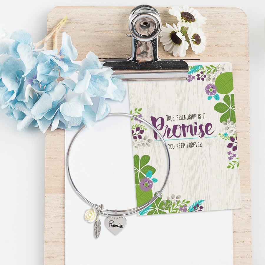 friendship Promise Bangle promise heart with feather and white rose charms