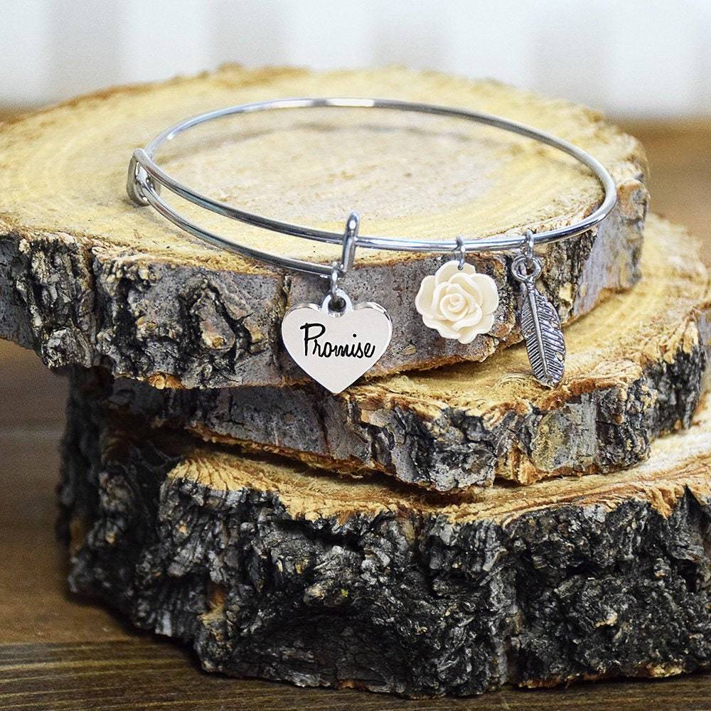 friendship Promise Bangle promise heart with feather and white rose charms