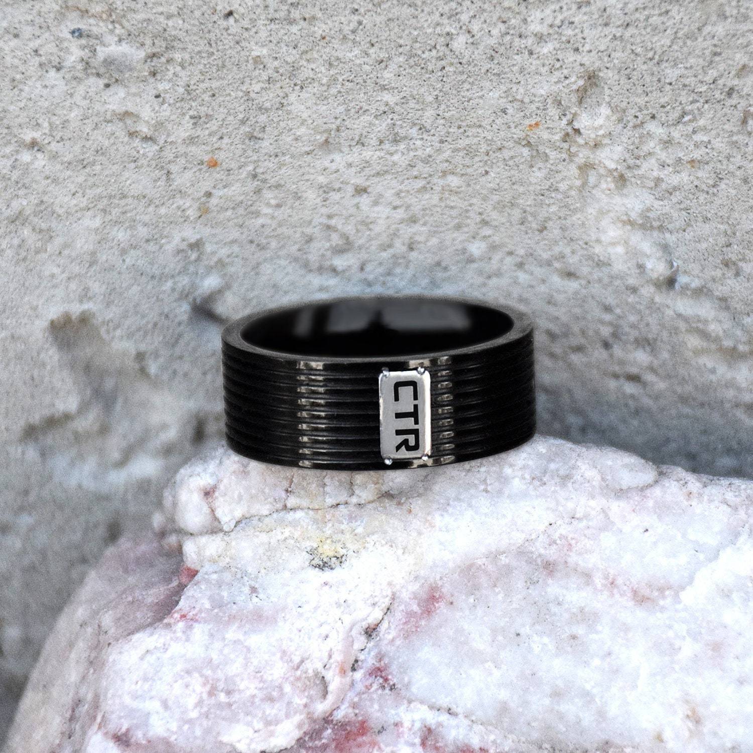 CTR Racing Stripe Men's Black Stainless Steel Ring – Textured