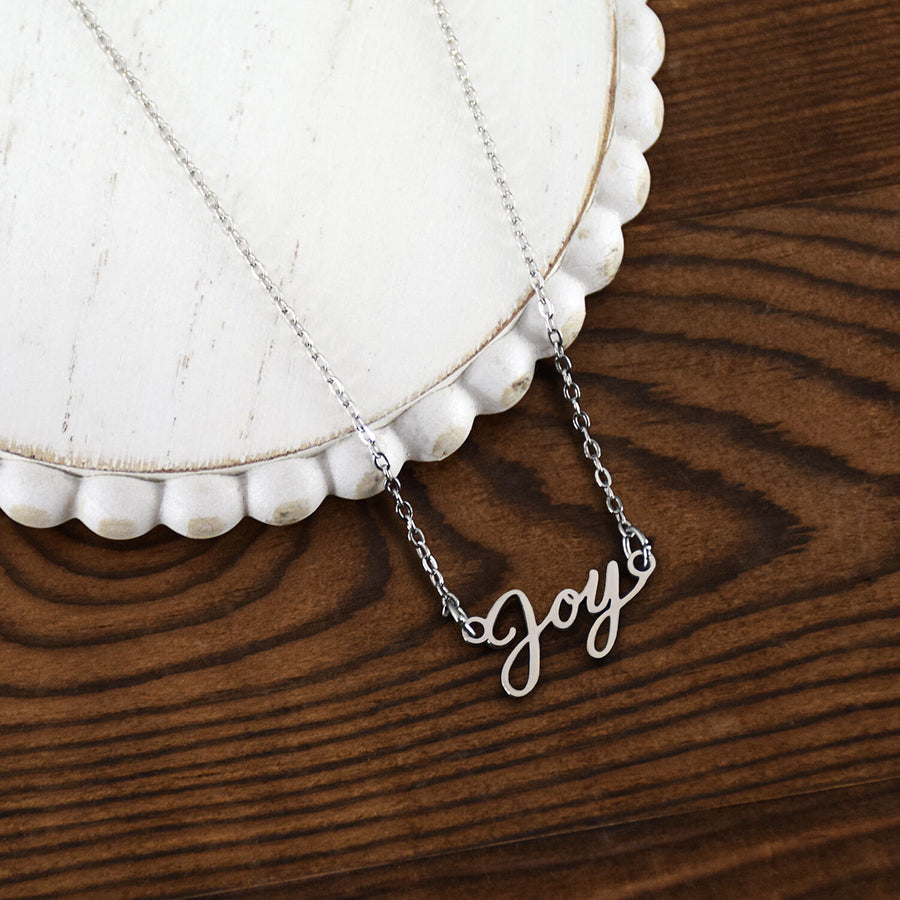 True J.O.Y. Silver Colored Script Necklace