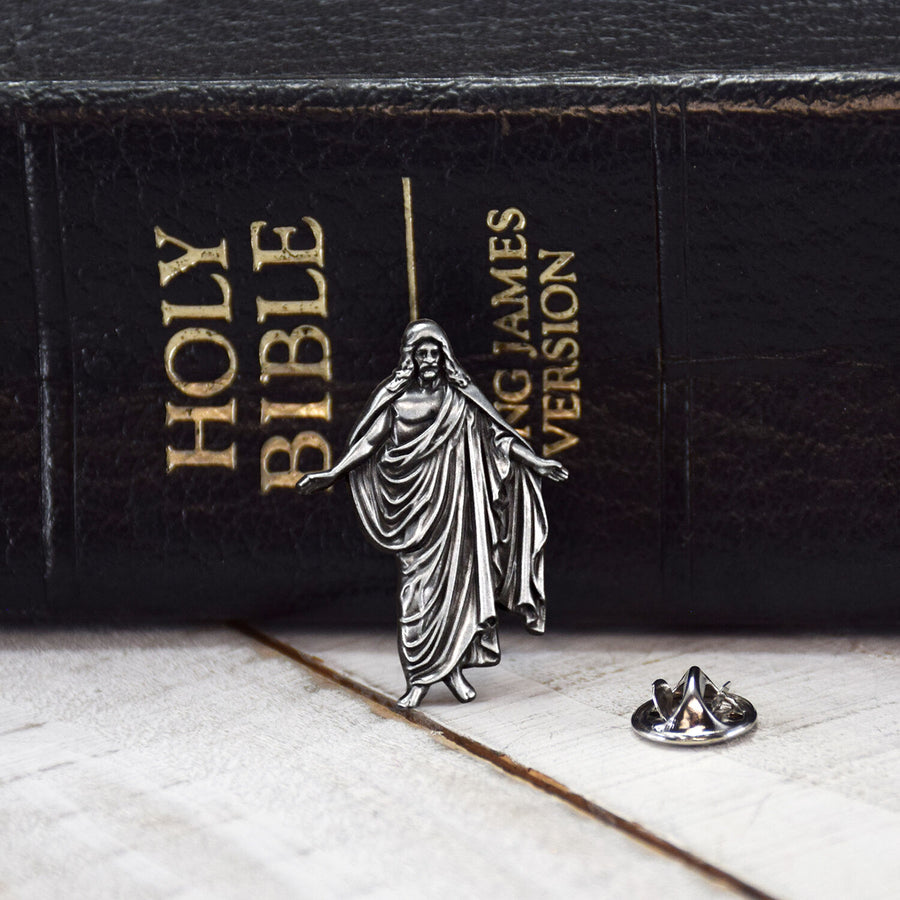 Antique Silver Christus Statue 3D Cast Pin Antique Silver 1.25"