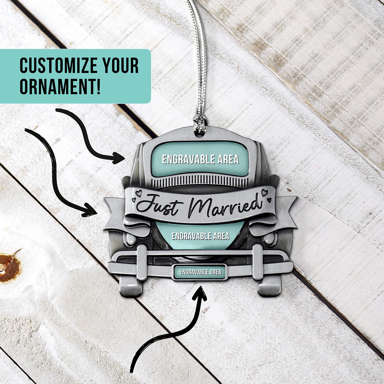 Just Married Car Customizable 2.5" Silver Ornament