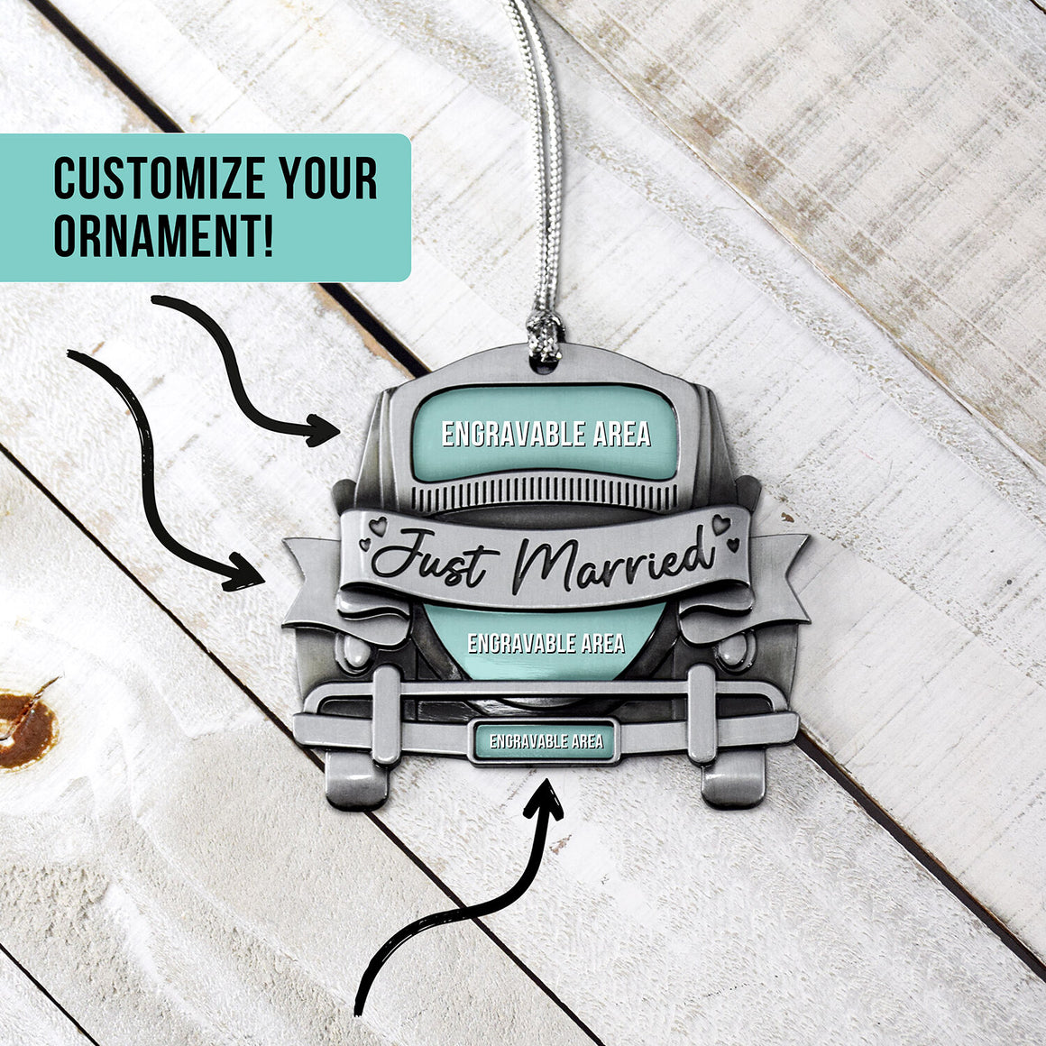 Just Married Car Customizable 2.5" Silver Ornament