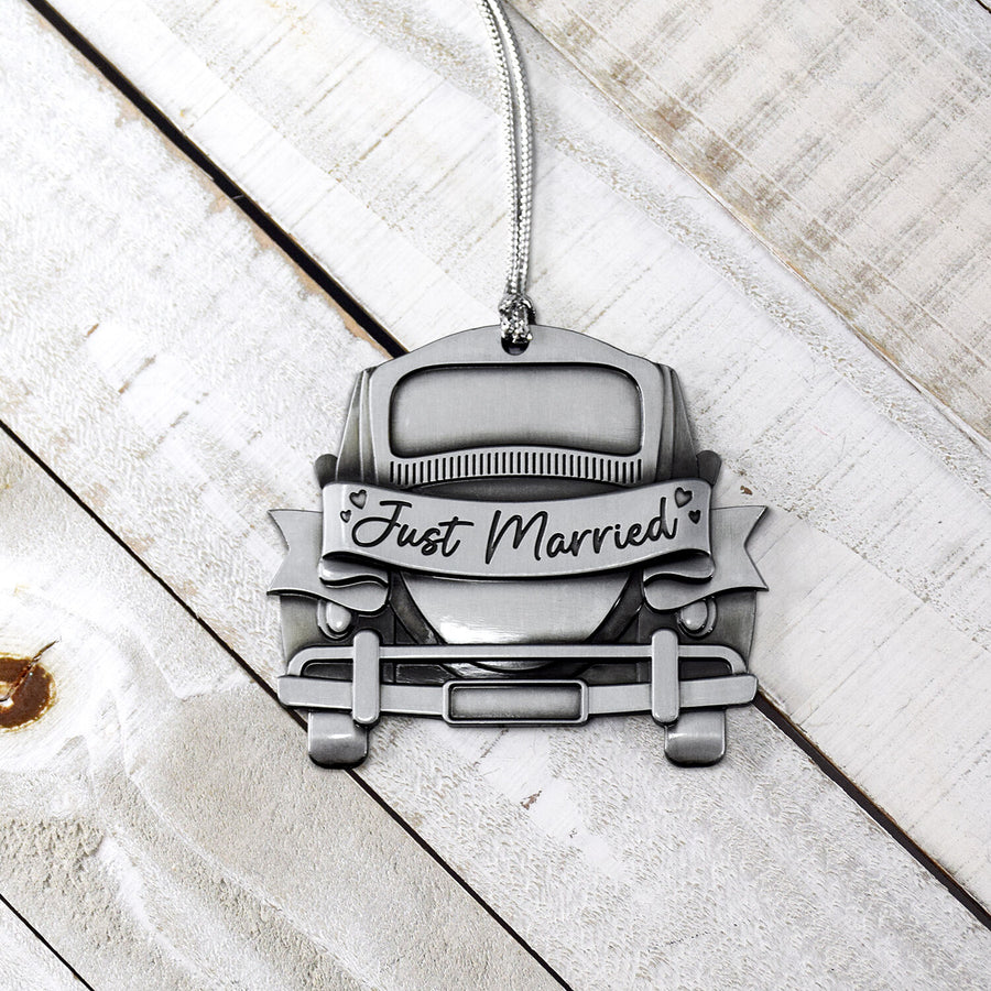 Just Married Car Customizable 2.5" Silver Ornament