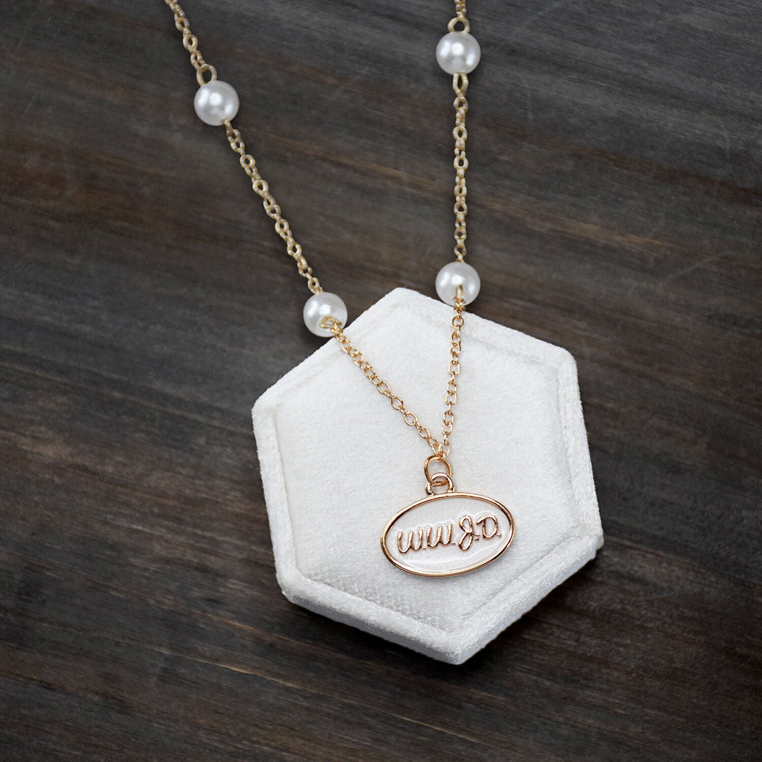 What Would Jesus Do? WWJD - White Oval Enamel Gold Colored Necklace