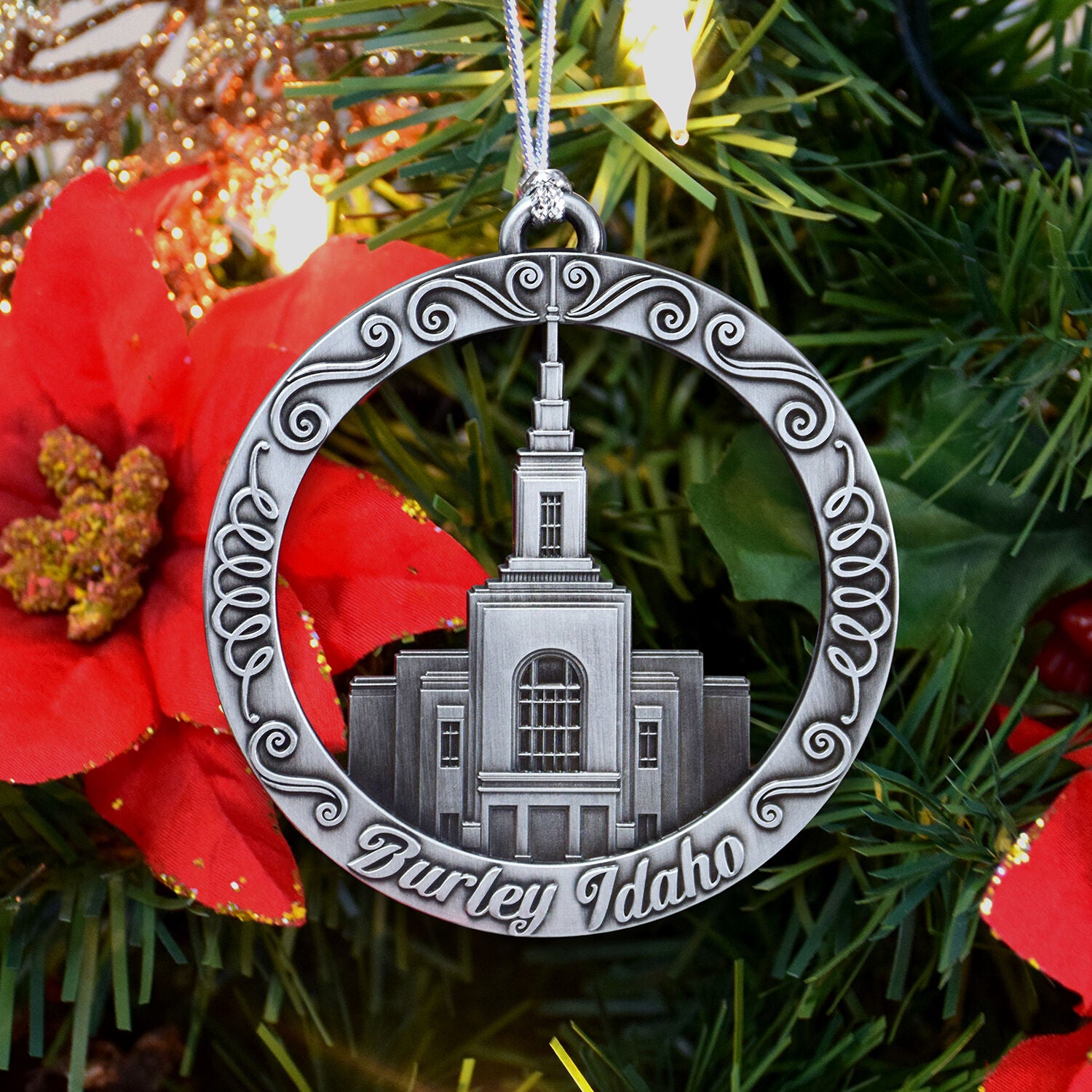 Burley Idaho Temple Antique Silver Ornament