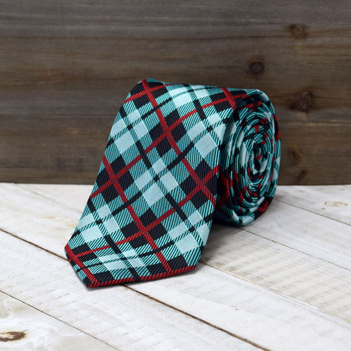 Red and Teal Plaid 100% Silk Men's Necktie