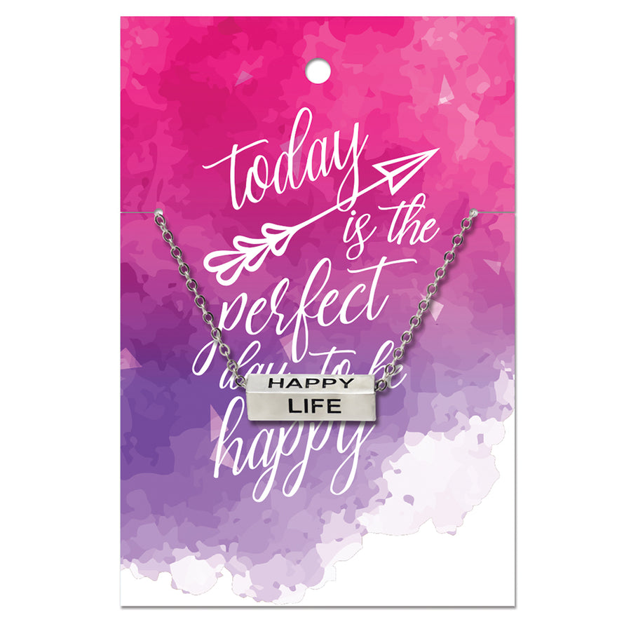 Happy Life Necklace - Silver Finish Bar Necklace
