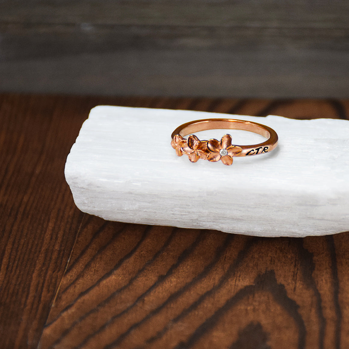 Rose Gold Plumeria CTR Ring – Dainty Faith-Inspired Jewelry