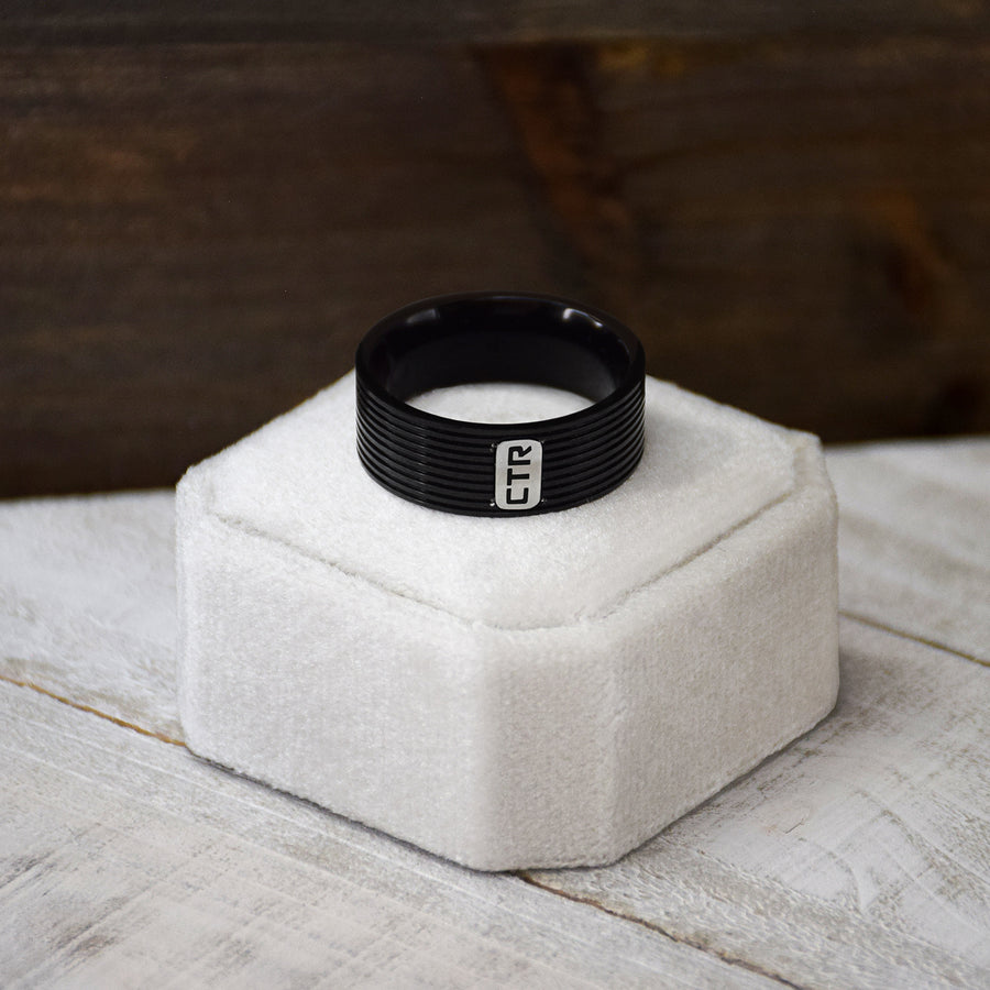 CTR Racing Stripe - Men’s Black Stainless Steel Ring – Textured Band with Silver Accent