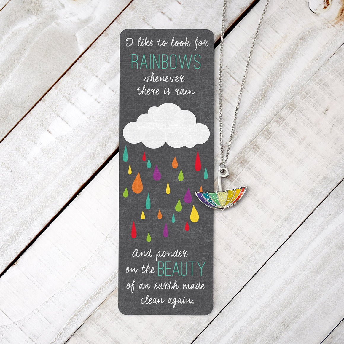 Baptism Rainbow Glitter Umbrella Necklace and Bookmark Set