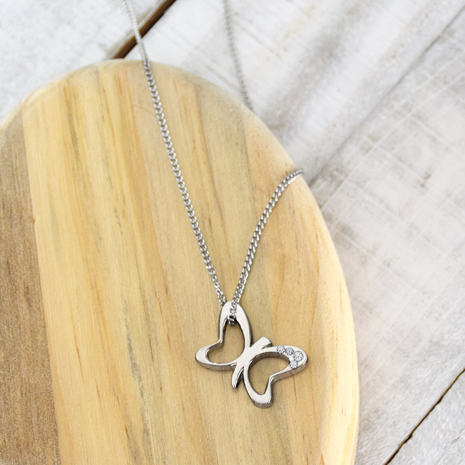 Dainty Butterfly Necklace - Silver finish with clear stones