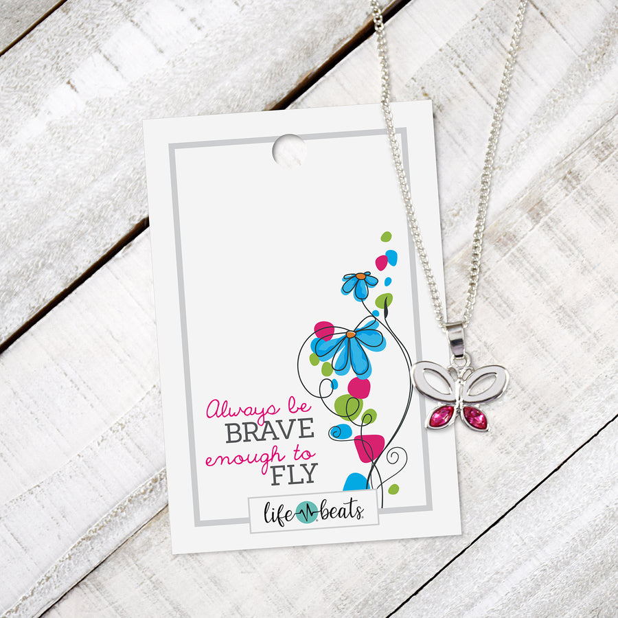 Brave Butterfly Necklace - Silver finish with pink stones