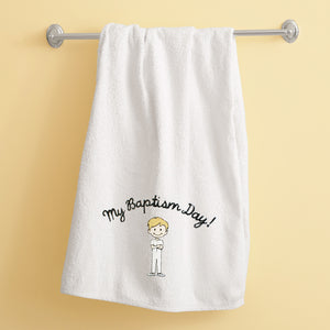 Blonde Boy Baptism Towel Embroidered with "My Baptism Day"