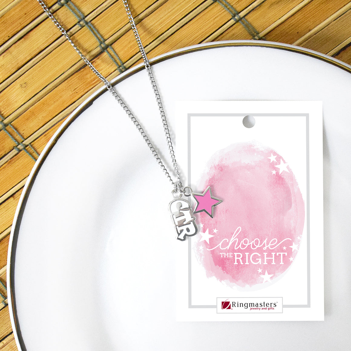 CTR or Choose The Right Necklace with White CTR Charm and Pink Star Charm