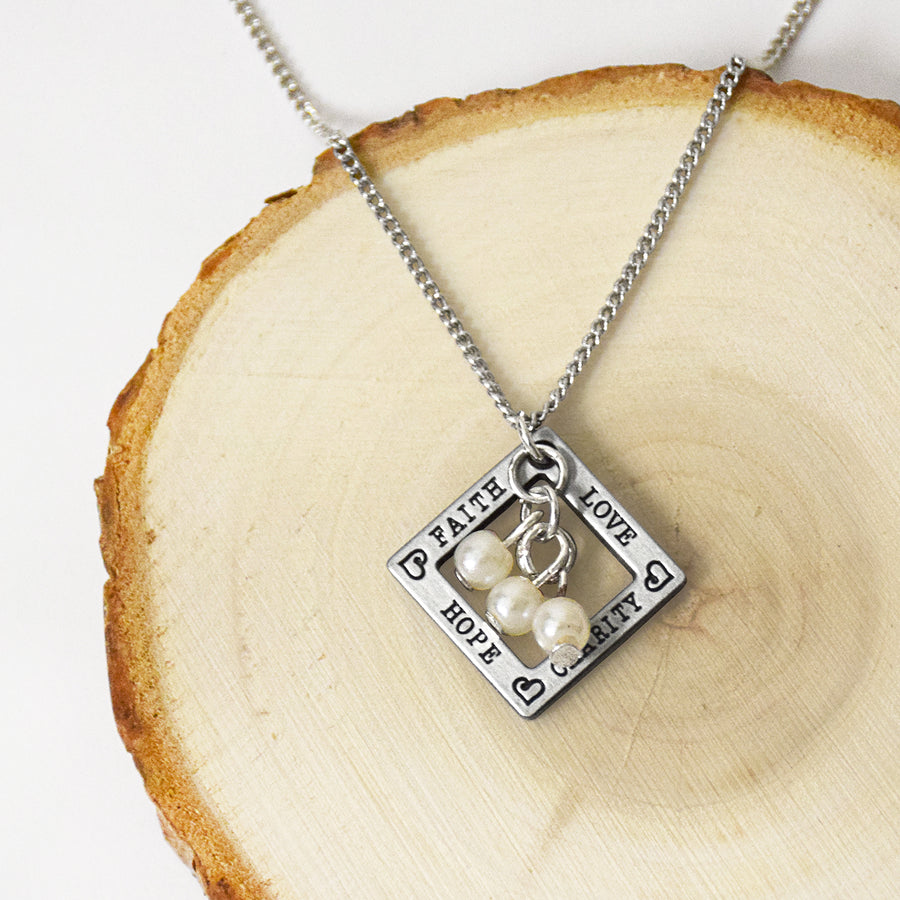 Faith Hope Charity and Love Pearl Necklace