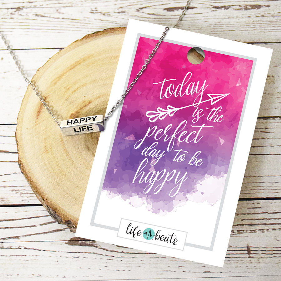 Happy Life Necklace - Silver Finish Bar Necklace