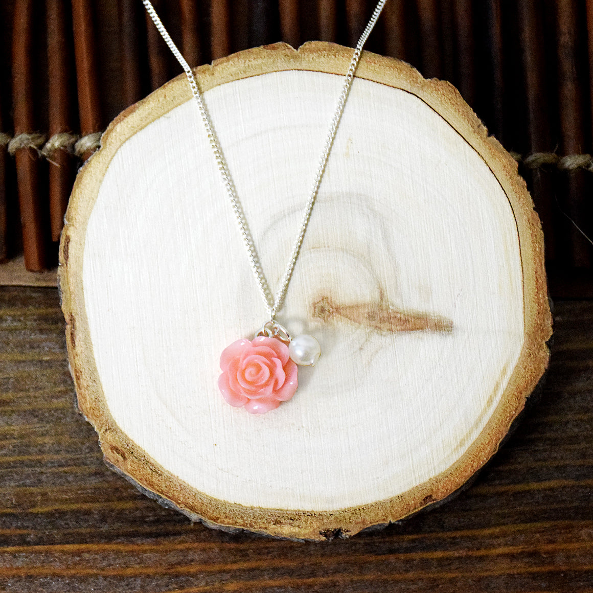 Dainty Rose Necklace - Silver finish with imitation white pearl